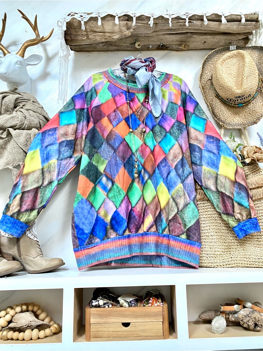 BNWOT Diamond multicoloured print summer boho sweater/dress w cottagecore vibe - Picture 13 of 14